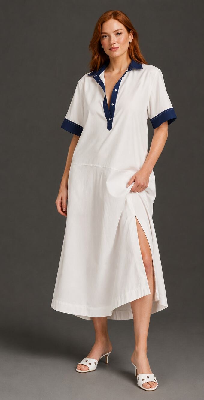 Maeve Anthropologie Polo Midi Shirt Dress Womens Size Medium Petite White Navy